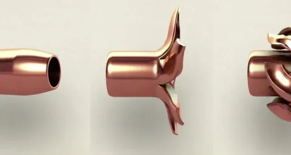 Barnes Expander MZ copper bullet shown intact and in two expanded views