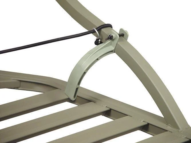 primary-38537 Summit Rapid Climb Stirrups, close-up of green metal stirrup attached to a platform