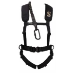 Summit Men's Sport Safety Harness, black front view with padded shoulder straps, buckles and loops