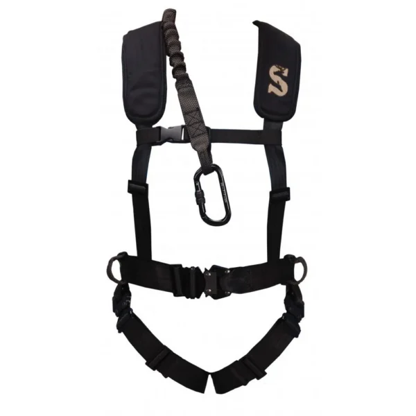 Summit Men's Sport Safety Harness, black front view with padded shoulder straps, buckles and loops
