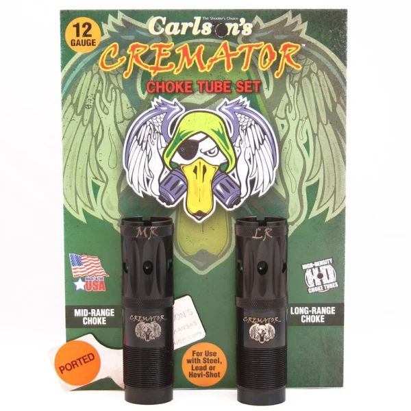 Carlson's Cremator Waterfowl Mid and Long Range Ported Choke Tube, two black tubes in retail pack