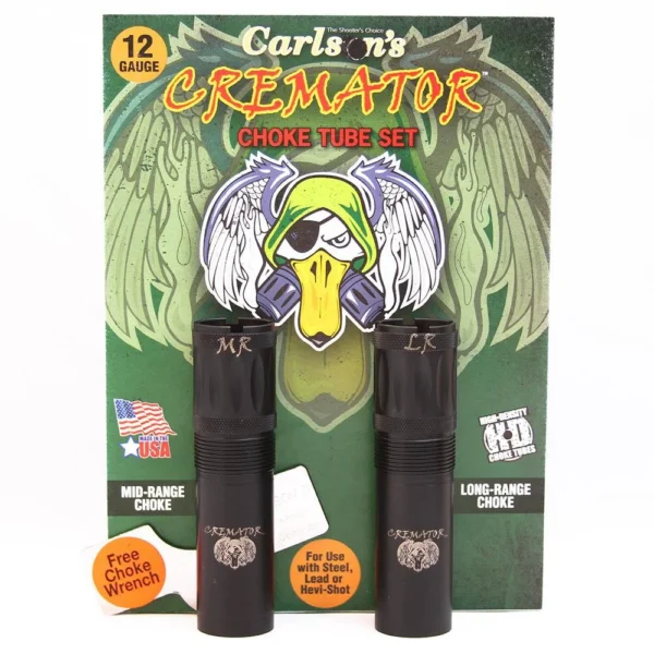 Carlson's Cremator Waterfowl Choke Tube set, two black tubes displayed with green packaging