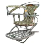 Summit Dual Threat Pro SD Climbing Treestand, angled front view with camo seat and metal platform