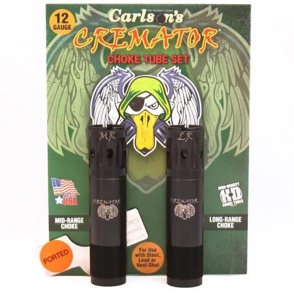 Carlson's Cremator choke tube set, two black ported tubes shown upright with retail packaging