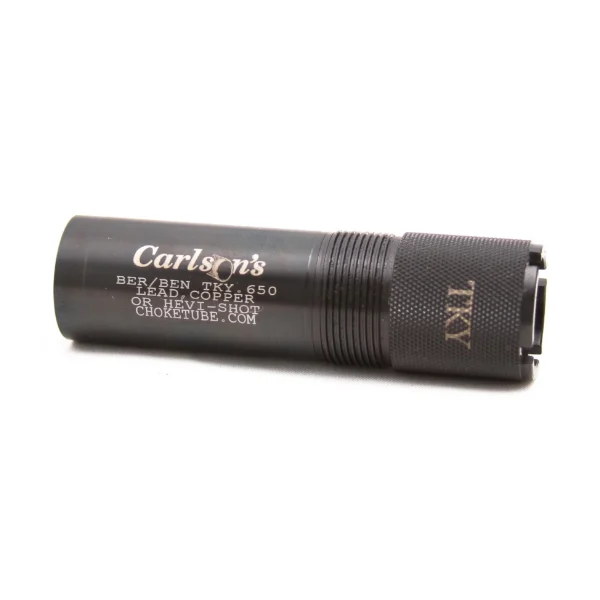 Carlson's Turkey Extended Choke Tube, dark metal tube with threaded end, side view