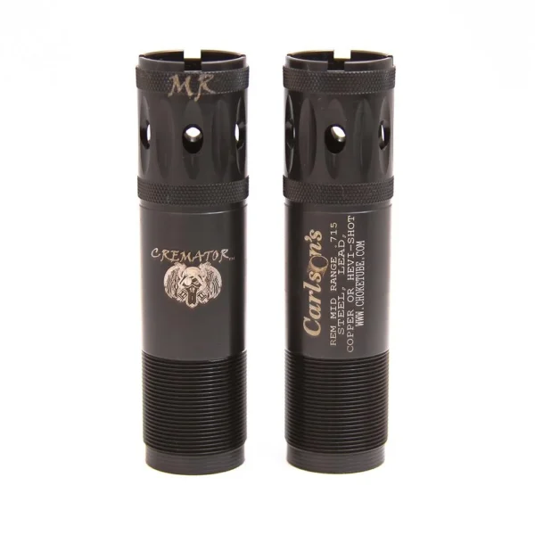 Carlson's Cremator Waterfowl Choke Tube, black front and rear views with ported ends