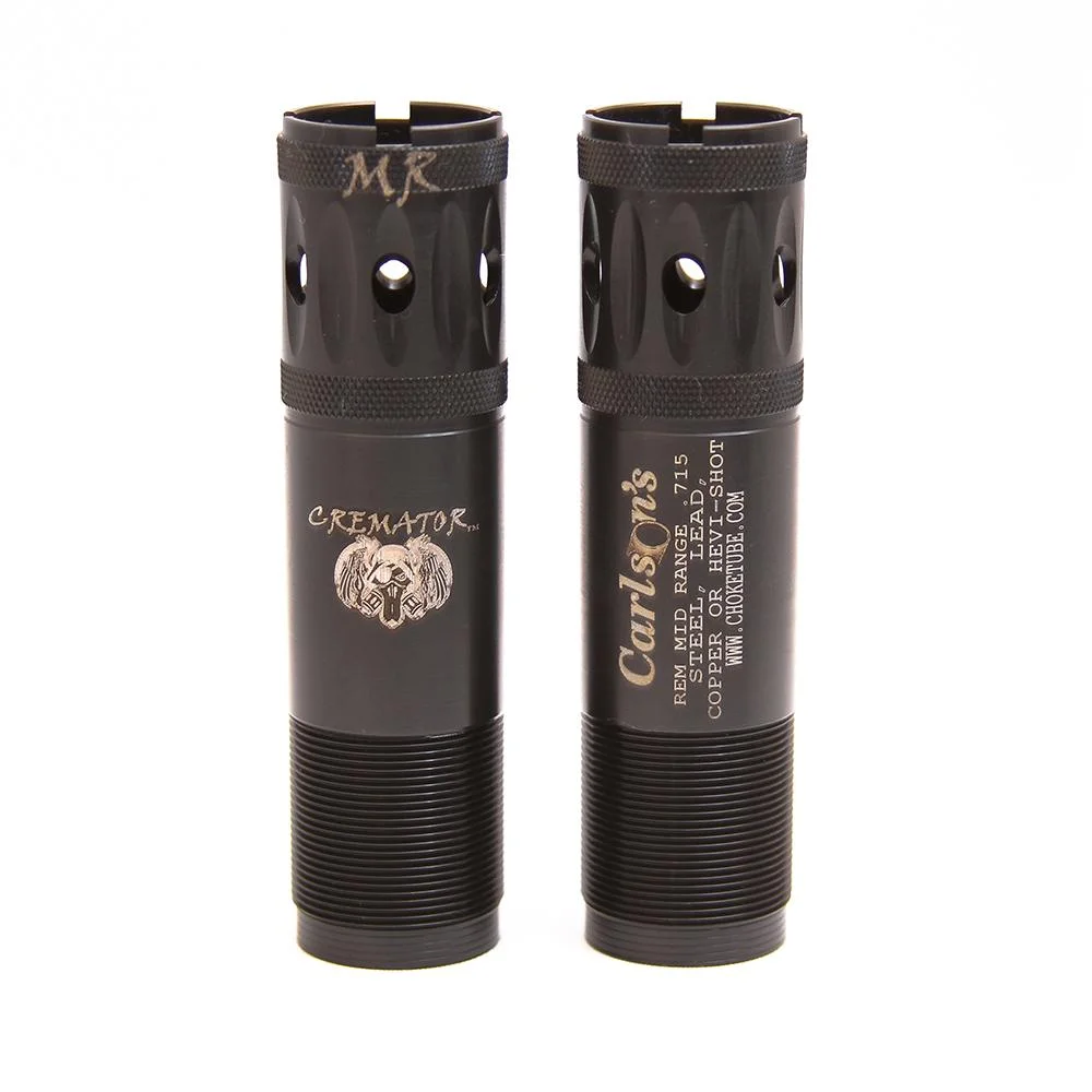 primary-38736 Carlson's Cremator Waterfowl Choke Tube, black front and rear views with ported ends