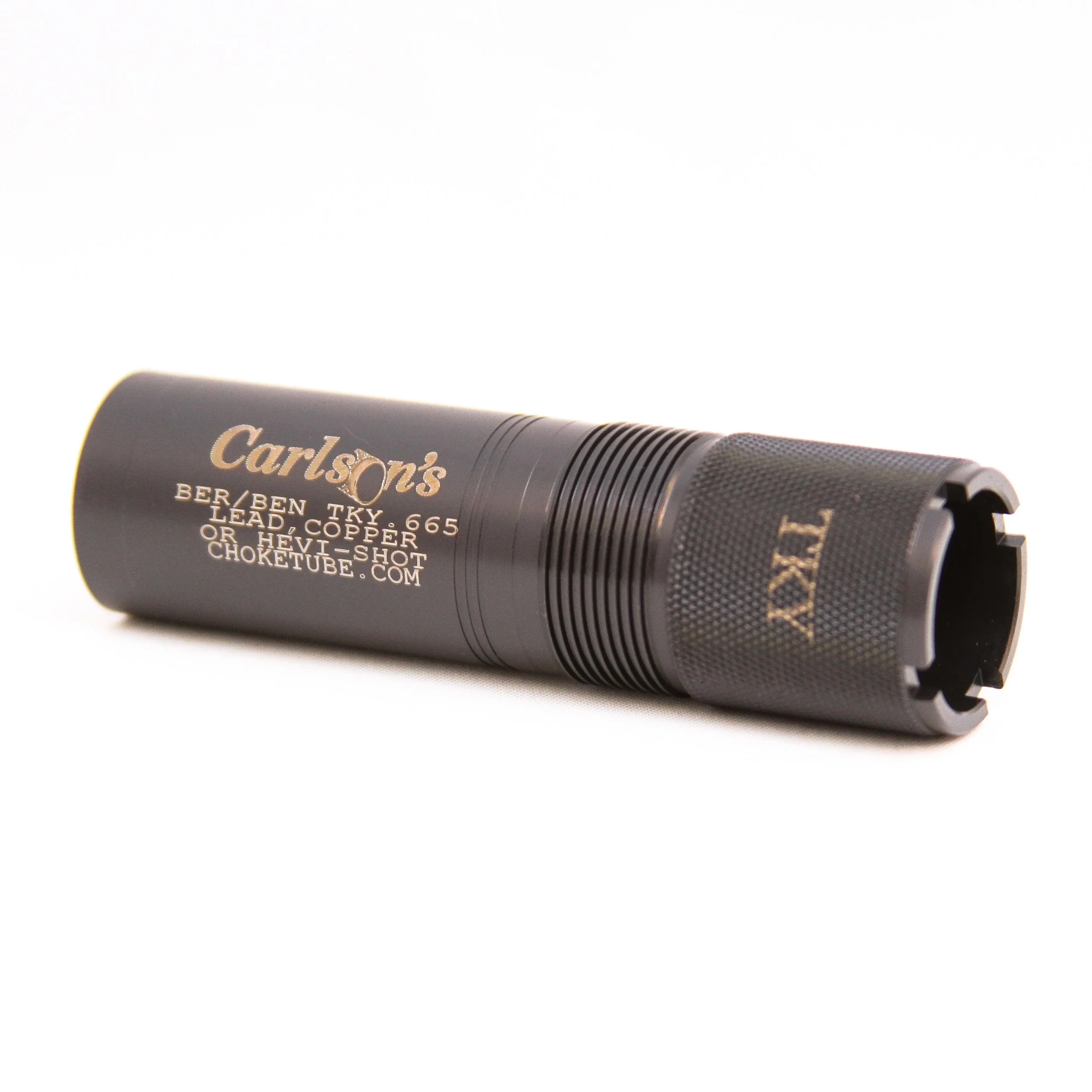 primary-38746 Carlson's Turkey Extended Choke Tube, bronze side view with threaded end and notched muzzle