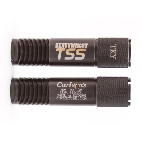 Carlson's TSS Turkey Extended Choke Tube, side views of two black threaded tubes