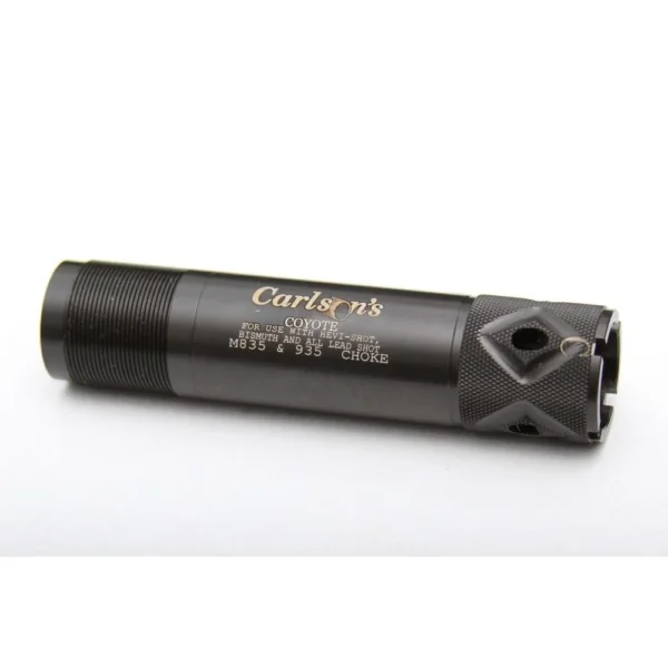 Carlson's Coyote Flush Ported Choke Tube, black angled view with threaded end and side ports