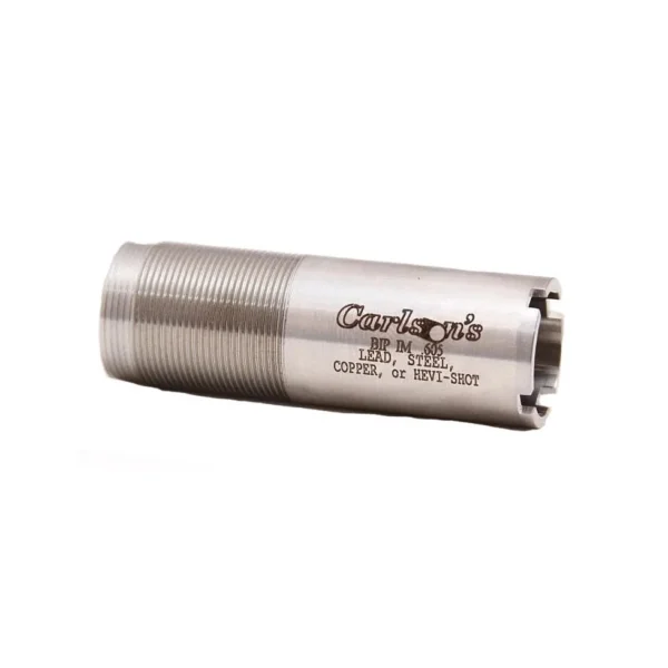 Carlson's Flush Improved Choke Tube, silver side view with threaded end and notched rim