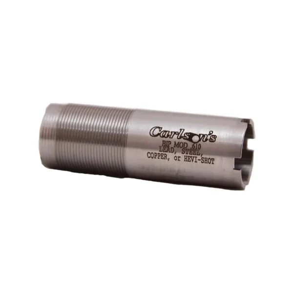 Carlson's Flush Modified Choke Tube, side view of silver threaded tube with notched end