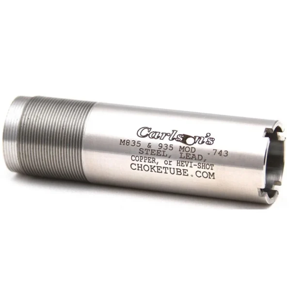 Carlson's Flush Modified Cylinder Choke Tube, silver side view with threaded end and notched rim