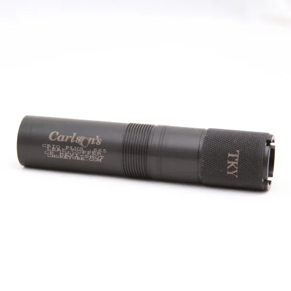 Carlson's Turkey Extended Choke Tube in black, side view with threaded section and notched end