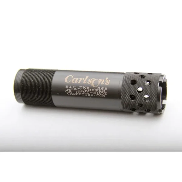 Carlson's Turkey Ported Choke Tube, black side view with threaded end and circular ports