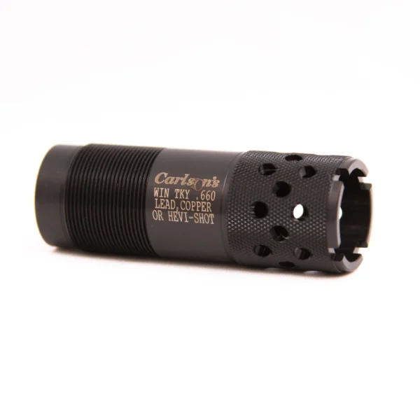 Carlson's Turkey Ported Choke Tube, brown angled view with side ports and threaded end