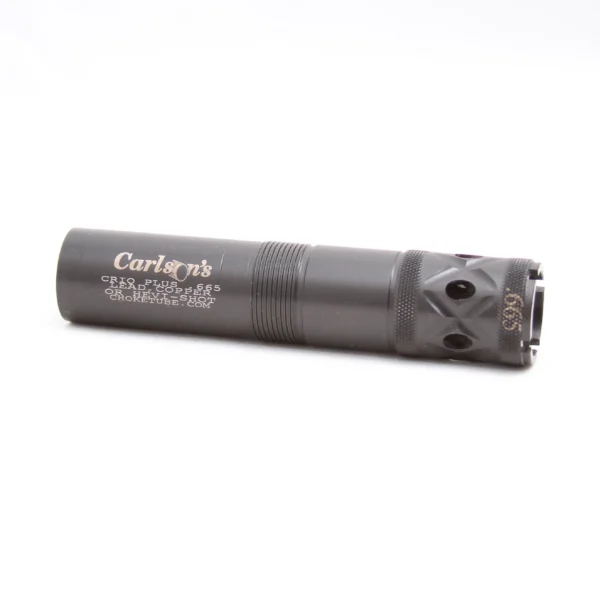 Carlson's Long Beard Turkey Ported Choke Tube, dark side view with threaded body and ported end