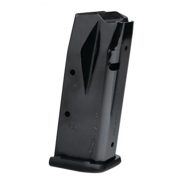 Walther P99 Compact Magazine, black, angled side view with base plate and feed lips visible