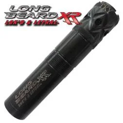 Carlson's Long Beard Turkey Ported Choke Tube, black angled view with textured ported end