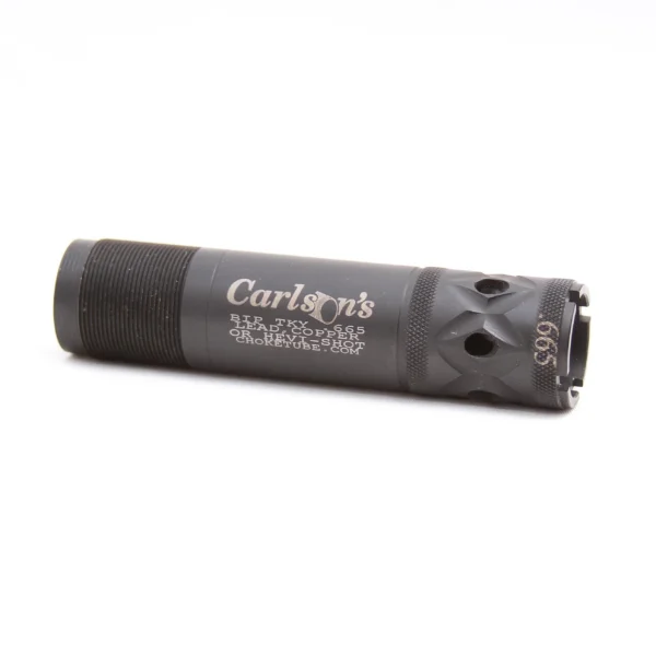 Carlson's Long Beard Turkey Ported Choke Tube, gray side view with knurled end and ported tip