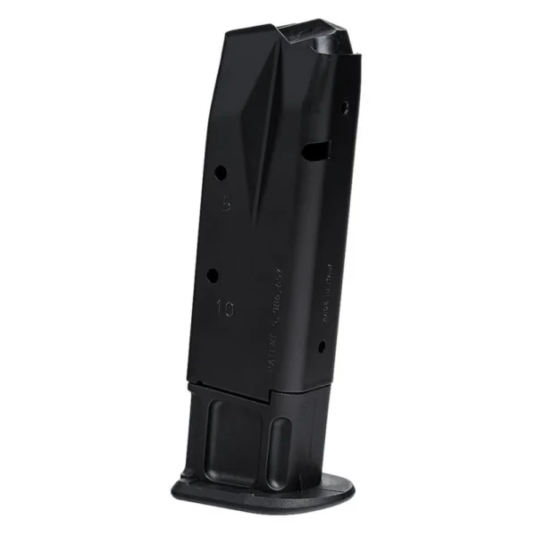 Walther Arms PDP Compact Handgun Magazine, angled side view of black magazine with baseplate