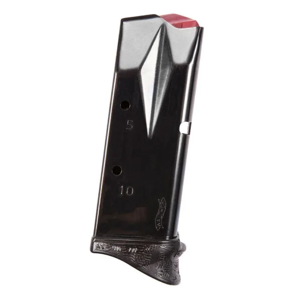 Walther PPQ M2 Subcompact magazine, black angled front view with finger rest and red follower