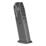 Walther Arms PDP Full Size black handgun magazine, angled side view with witness holes