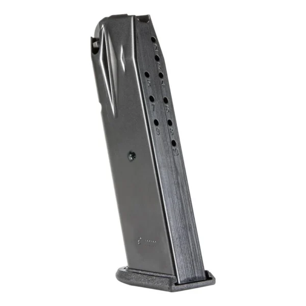 Walther Arms PDP Full Size black handgun magazine, angled side view with witness holes