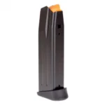Taurus TH10 black handgun magazine, upright front three-quarter view with orange follower