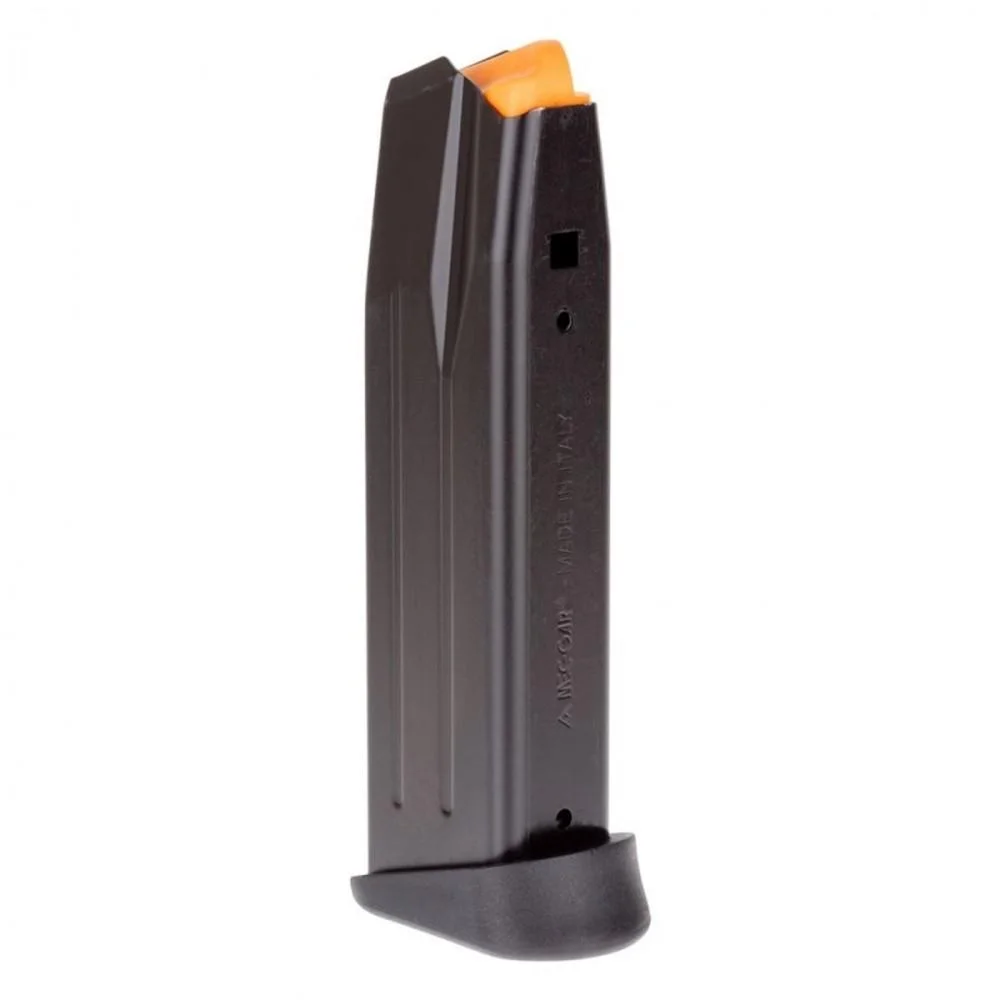 primary-38869 Taurus TH10 black handgun magazine, upright front three-quarter view with orange follower