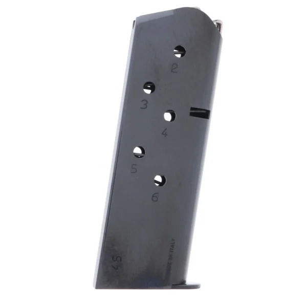 Taurus 1911 Commander handgun magazine, black angled side view with witness holes and base plate