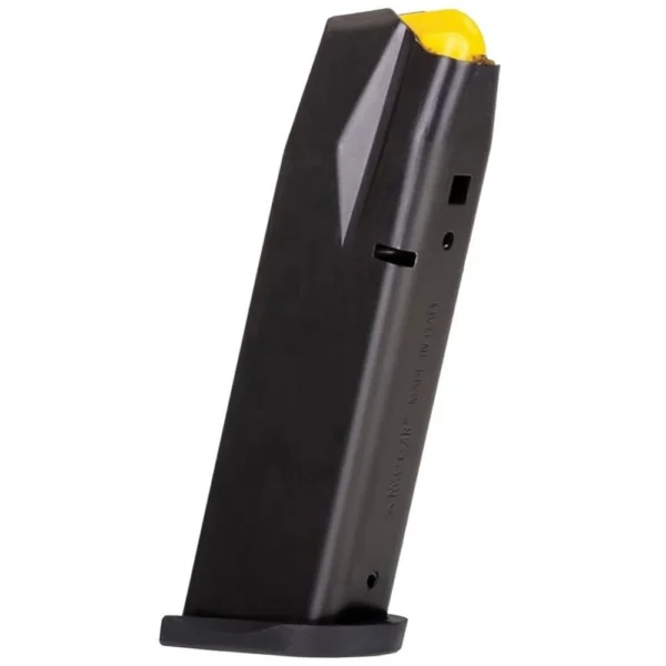 Taurus G3 and G3 Tac magazine, black angled side view with yellow follower and base plate