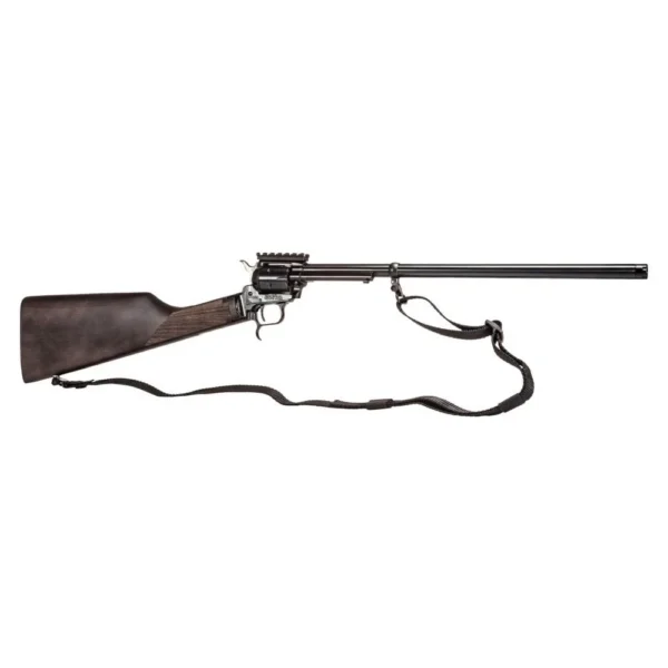 Heritage Tactical Rancher Rifle, left-side view with wood stock, black barrel and sling