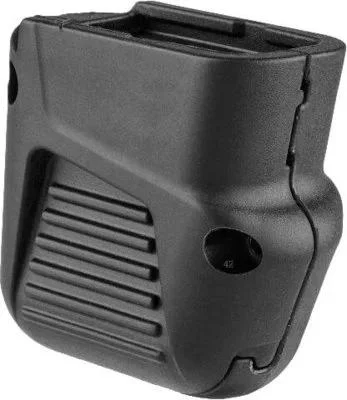 Fab Defense Handgun Magazine Extension Glock 43 +4, black angled view with ribbed front panel