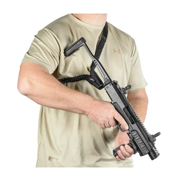Fab Defense Tactical Single Point Bungee Sling black sling worn across the torso
