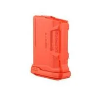 Fab Defense AR-15 magazine in angled side view with bright orange polymer body
