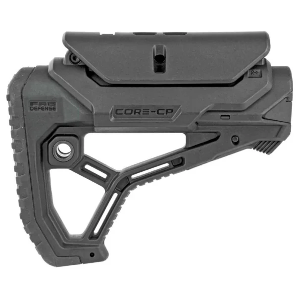 Fab Defense GL-CORE CP, black buttstock in right-side view with raised adjustable cheek rest