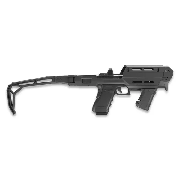 FAB Defense AMP black pistol conversion kit, right-side view with folding brace and angled foregrip
