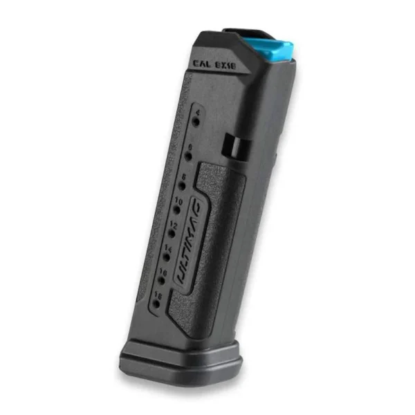 FAB Defense Ultimag 17 black magazine, angled side view with blue follower and witness holes