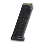 FAB Defense Ultimag 19 black magazine, angled side view with brass cartridge and witness holes