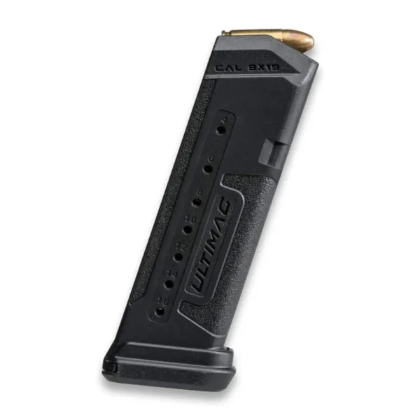 FAB Defense Ultimag 19 black magazine, angled side view with brass cartridge and witness holes