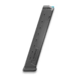 FAB Defense Ultimag X32 black extended magazine, angled side view with blue follower