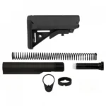 TacFire Mil-Spec Buffer Tube Kit, black stock, tube, spring and small parts laid out