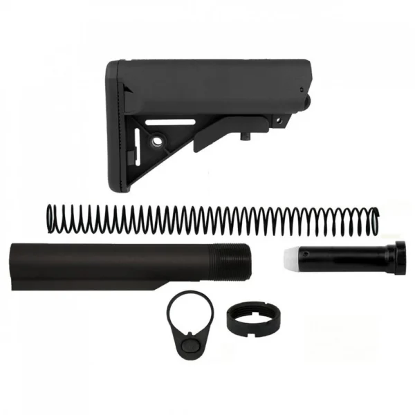 TacFire Mil-Spec Buffer Tube Kit, black stock, tube, spring and small parts laid out