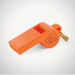 SportDOG Brand Roy Gonia Special Whistle, orange, angled side view with brass ring