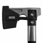 SOG Camp Axe, black and silver, side view with blade cover and compact handle