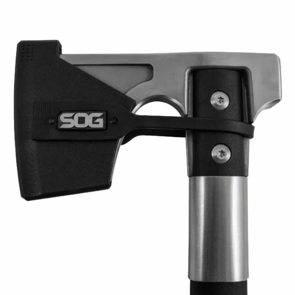 SOG Camp Axe, black and silver, side view with blade cover and compact handle