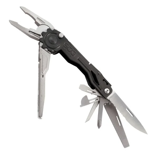 SOG Knives Switchplier black multi-tool, open view with pliers, blades and tools extended