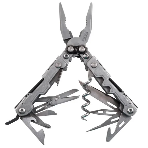 SOG Powerlitre Multi-Tool, silver open front view with pliers, blades and corkscrew
