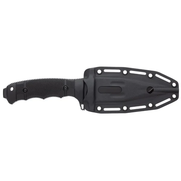SOG SEAL FX black knife in molded sheath, left side with textured handle and lanyard hole